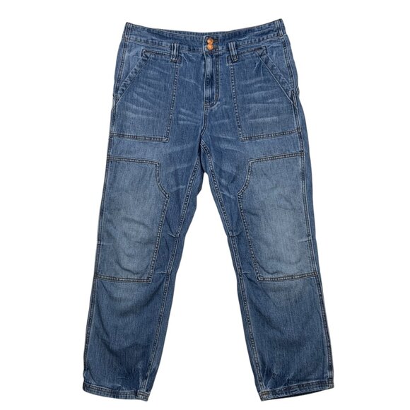 Anthropologie Pilcro Barrel Leg Jean 31 Blue Reinforced Knee Pockets High Rise - Picture 1 of 13